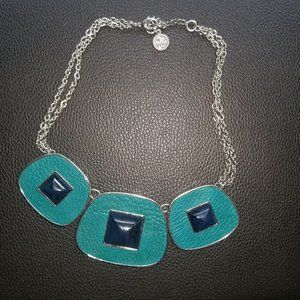 Necklace - silver metal, enamel green/blue